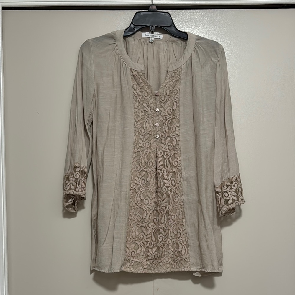 Cato Tan Gold Embellished 3/4 Sleeve Blouse